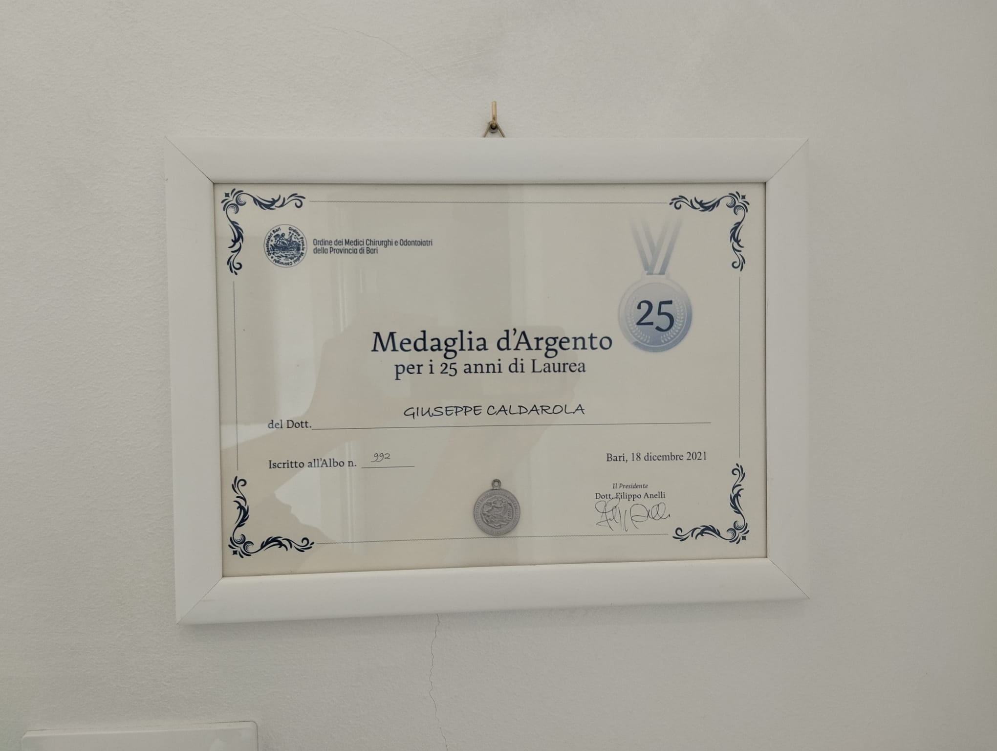 Medaglia d'Argento 25 anni di laurea – Ordine dei Medici di Bari